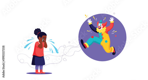 Young girl crying in fear while a scary clown character jumps inside a purple bubble representing childhood phobias.