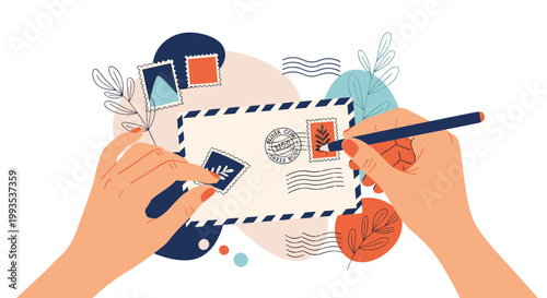 Person carefully applying stamps and writing on a white envelope to send a personal letter or greeting card.