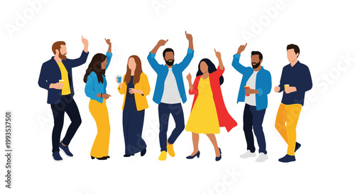 Diverse group of young friends dancing and holding drinks during a fun party or social gathering celebration.