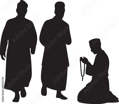 Silhouettes of two standing figures and a kneeling person holding a rosary