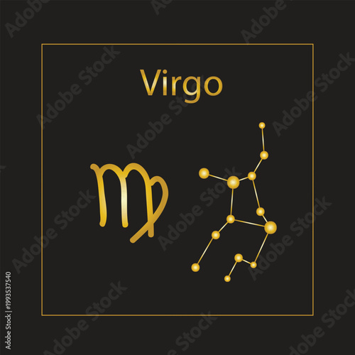 Virgo Zodiac Sign and Constellation - Golden Minimalist Astrology Symbol on Black Background. Celestial Horoscope Illustration for August and September Birthdays with Elegant Gold Frame. 