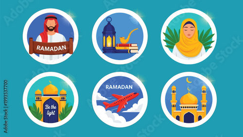 Illustrations depicting various aspects and symbols of ramadan celebration Vector