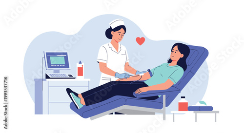 Professional nurse wearing a white uniform and cap taking a blood donation from a woman lying on a medical chair.