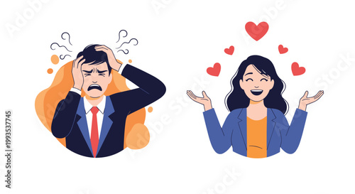 Contrast between a stressed businessman holding his head and a happy woman surrounded by red hearts of love.