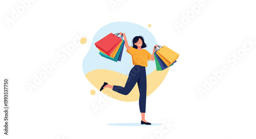 Exciting young woman jumping for joy while carrying many colorful shopping bags after a successful day of retail.