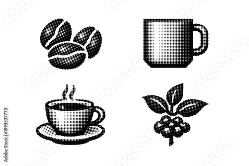 Halftone coffee essentials set featuring pixelated icons of roasted coffee beans, a ceramic mug, a steaming cup of coffee on a saucer, and a coffee plant branch. Minimalist retro flat vector.