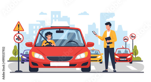 Student driver practicing in a red car during a lesson with a professional instructor on a busy city street.