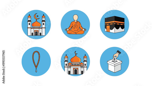 Symbols and practices of major world religions depicted in simple illustrations Vector