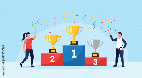 Happy male and female athletes standing near a winners podium with gold and silver trophies amid falling confetti.