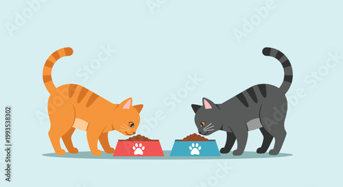 Two cute cats including a ginger and a grey tabby eating food from their respective colorful bowls on the floor.