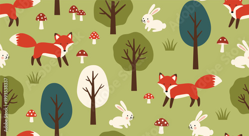 Charming forest pattern featuring cute foxes and rabbits living among trees and red mushrooms on a green background.