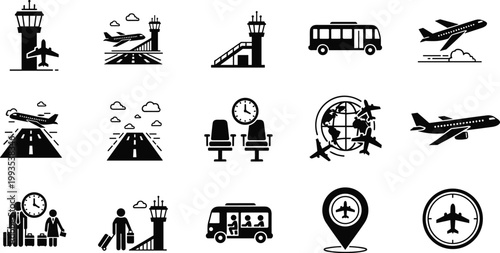 Airport and aviation icon set including runway airplane bus terminal passengers and navigation symbols
