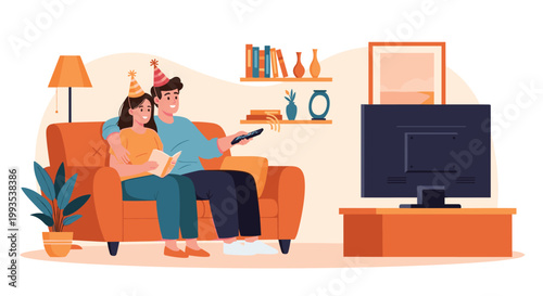 Young couple wearing party hats sitting on a couch and using a remote control to watch television together at home.