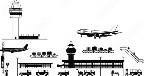 Airport operations illustration control tower airplanes baggage transport terminal services aviation travel infrastructure concept