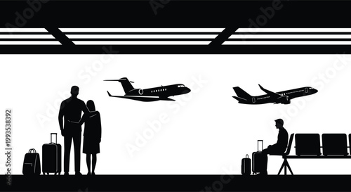 Airport passengers waiting with luggage watching airplanes departure and arrival silhouette travel scene illustration