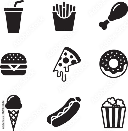 Assorted icons of popular fast food and snacks in black and white.