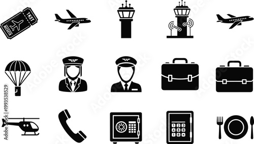 Aviation travel icon set including airplane pilot luggage helicopter phone safe and service symbols
