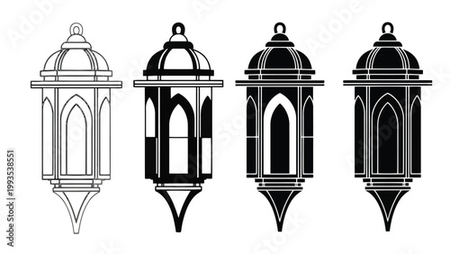 Four stylish lantern designs showcasing varying degrees of intricate detailing and color contrast Vector