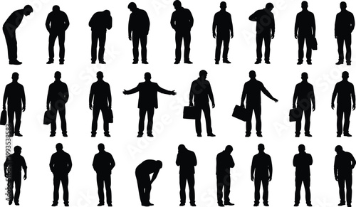 Collection of male silhouettes standing walking carrying briefcase casual business poses isolated on white background