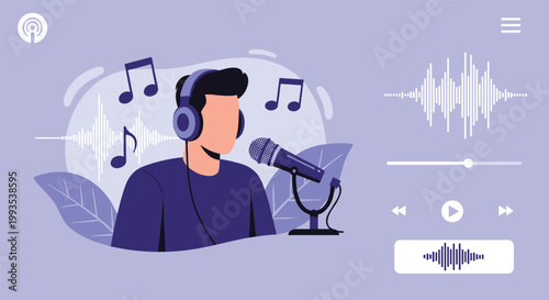 Male creator recording a podcast episode using a professional microphone and headphones in a purple studio space.