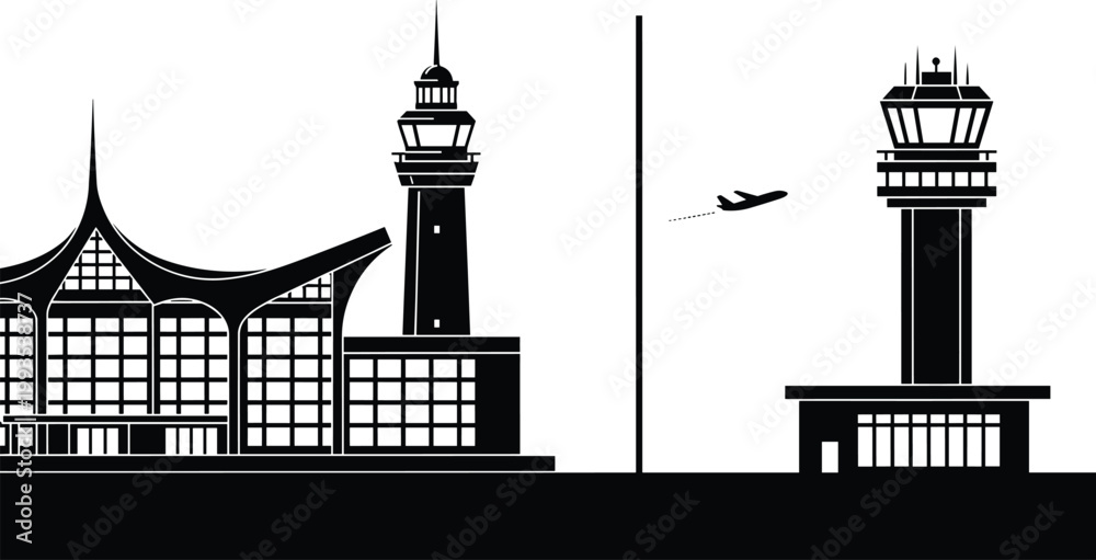 Obraz premium Modern airport terminal and control towers with airplane silhouette isolated on white background design