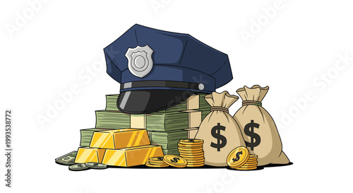 Dark blue police officer hat resting on top of large stacks of cash, gold bars, and money bags symbolizing wealth and law enforcement.