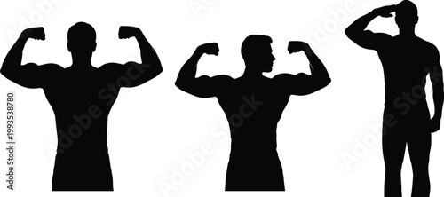 Muscular male silhouette flexing biceps strength fitness bodybuilding pose salute isolated vector illustration design