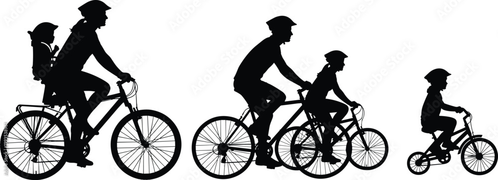 Obraz premium Silhouette family cycling together parents and children riding bicycles isolated on white background