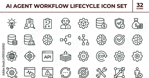 AI agent workflow lifecycle outline icon set automation integration monitoring optimization analytics interface vector collection toolkit
