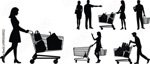 Shopping people silhouettes, pushing cart, retail customers, supermarket activity, black isolated figures collection set