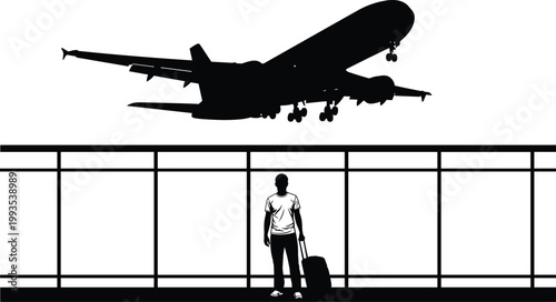 silhouette traveler watching airplane takeoff, airport terminal window luggage journey aviation travel concept modern minimal