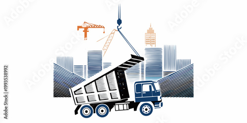 Construction scene featuring a dump truck cranes and a city skyline