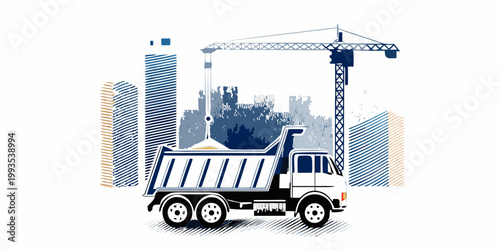 Construction scene featuring a dump truck and towering city crane