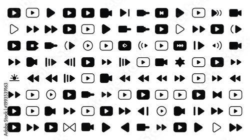 Set of 100 Black and White Media Player Control Icons Vector