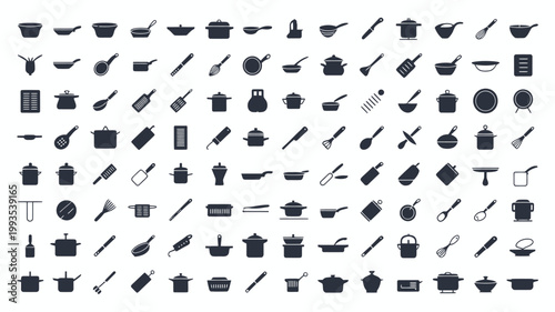 Set of 100 Kitchen Utensil and Cookware Icons Vector