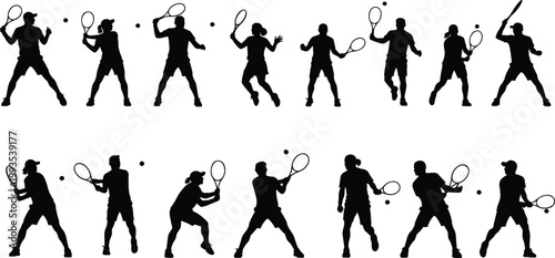 Tennis player silhouettes, men women athletes, racket action poses, sport collection, black isolated figures set