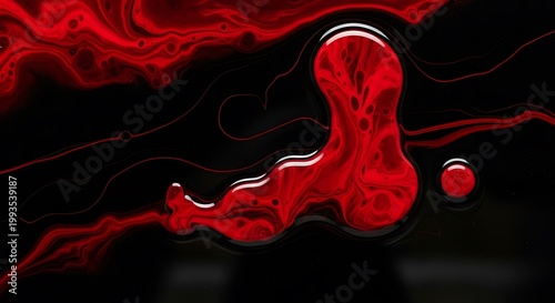 Vivid red pigment swirls dramatically across a deep black background surface
