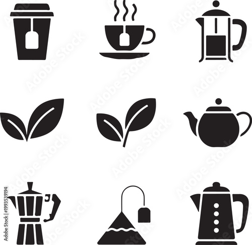 Various icons representing different methods and tools for making tea and coffee