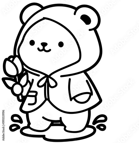 Cute Kawaii Bear in Raincoat Holding Flower Clipart for Stickers, Kids Products, Sublimation, Cricut Design