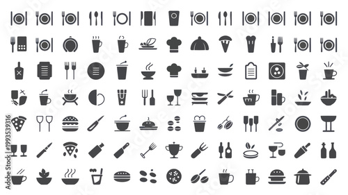 Set of 100 Black Food and Drink Kitchen Utensil Glyph Icons Vector