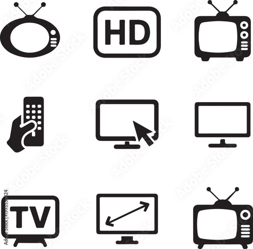 Icons representing various television and computer display functions and devices