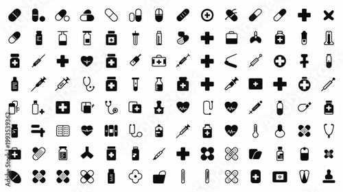 Set of 100 Black Medical and Healthcare Icons Vector