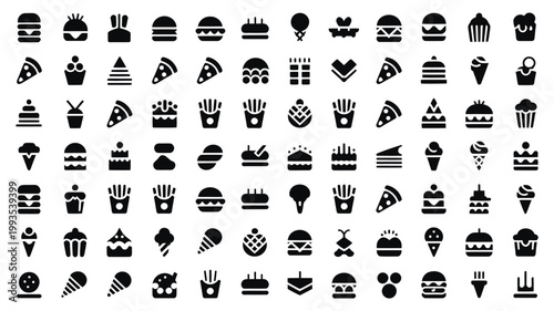 Set of 100 Black Fast Food and Dessert Vector Icons