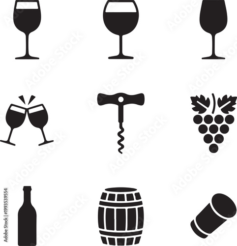 Classic icons representing the wine making and enjoying process