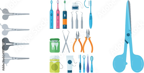 Dental Tools and Oral Care Vector Set with Scissors, Forceps, Toothbrushes, and Dentist Equipment for Medical Clinic and Healthcare Illustration