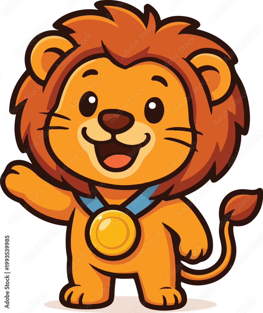 Fototapeta premium Friendly lion cartoon mascot with a cheerful expression, ideal for children's books, logos, and educational materials.