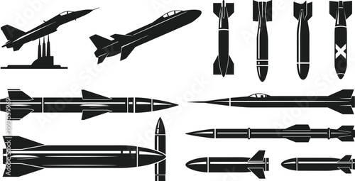 Set of black and white vector silhouettes featuring military aircraft, missiles, aerial bombs, and ballistic rockets for defense and weaponry design.