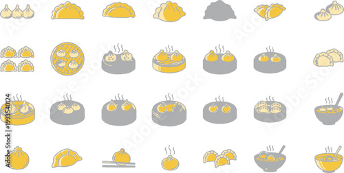 Dumpling Food Icon Set with Steamed Fried and Boiled Asian Cuisine Illustrations for Restaurant Menu, Street Food, Cooking Apps, Delivery Services, and UI Desig
