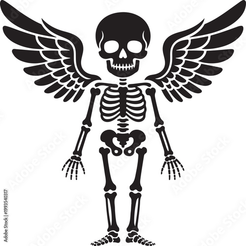 A whimsical depiction of a skeletal figure with angelic wings and a grinning skull head