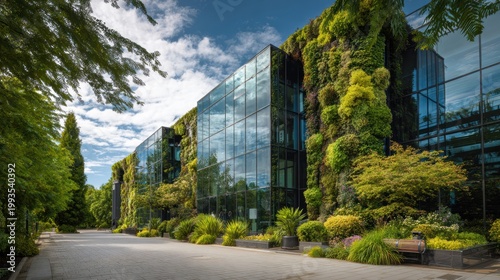 Architecture a modern glass building with a lot of green plants trees and bushes for business architecture environmental friendly, design, exterior, sky, garden